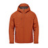 A men's thermal shell jacket in orange, featuring a zip front, hood, and various pockets. It has a logo.