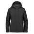 A black women's thermal shell jacket with a hood and zip closure, featuring pockets and a logo.