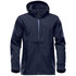 A navy blue men's softshell jacket with a hood and multiple zippered pockets. Features a logo on the sleeve.