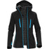 A women's jacket in black with blue accents, featuring a hood and multiple zippered pockets.