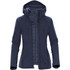 A navy women's jacket featuring a hood, zippered front, and two zippered pockets. It includes a logo on the sleeve.