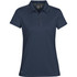 A women's navy sport polo shirt featuring a collar, short sleeves, and a logo on the hem.