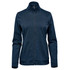 A navy women's performance jacket featuring a full zip and a high collar, with two side pockets and a logo.
