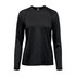 A women's long sleeve crew neck shirt in black with a simple design and a subtle logo.