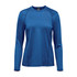 A blue long-sleeve crew neck shirt for women featuring a simple design and seam detailing. It has a logo.