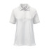 A white women's polo shirt with short sleeves and a collar, featuring a button-up front and a logo.