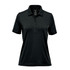 A black polo shirt featuring a collar, short sleeves, and a button placket. It has a logo on it.