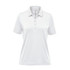 A white women's polo shirt with a collar, short sleeves, and a buttoned placket. It features a logo.