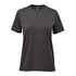 A grey women's t-shirt with short sleeves, featuring a plain design and a logo on the label.