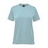 A light blue women's t-shirt with short sleeves and a tag, featuring a logo on the label.