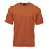 An orange men's t-shirt with short sleeves and a round neckline. It features a branding logo.