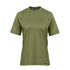 A green women's t-shirt with short sleeves and a round neckline. Features a logo on the fabric.