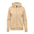 A women's full zip hoodie in a light beige colour, featuring a hood and ribbed cuffs. It has a logo.