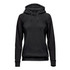 A women's black fleece pullover hoody with a hoodie, drawstring, and a logo. Features a stylish, comfortable design.