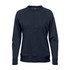 A navy blue women's henley shirt featuring a buttoned neckline and long sleeves. It has a small logo on the side.