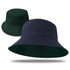 A reversible bucket hat featuring a dark green side and a navy blue side, with a simple design and a logo.