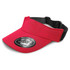A red visor with a black adjustable band, featuring a circular logo on the front.