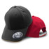 A black cap and a red cap displayed together, featuring a logo and differing styles in headwear.