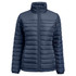 A navy blue women's padded jacket with a zip front and high collar, featuring horizontal stitching and a logo.