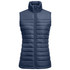 A women's padded vest in navy blue with a zip front and high collar. Features a branding logo.