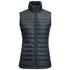 A padded women's vest in dark grey with a high collar and zip front, featuring a quilted design and no sleeves.