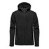 A black softshell hooded jacket with a zippered front, featuring pockets and a logo.