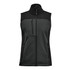 A women's softshell vest in dark green and black, featuring a high collar and multiple zippered pockets.