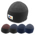 A collection of beanies in various colours, featuring a logo on one side, with a textured knit design.