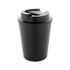 A black thermo cup with a secure lid and a drinking slot, featuring a logo.