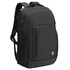 A black backpack with multiple zippers and a logo, featuring adjustable straps and a sleek design.