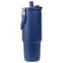 A drink bottle in navy blue with a flip-top lid and a sturdy handle. It features a logo on the side.