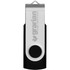A silver and black USB flash drive with a branding logo and a swivel design.