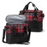 A red and black checkered cooler bag with black sides and carrying straps, featuring a silver interior.
