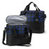 A checkered blue and green cooler bag with a silver lining, featuring dual handles and a removable strap.
