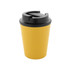 A drink bottle featuring a yellow exterior and a black lid, designed for beverages. Includes a branding logo.