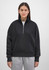A black women's 1/4 zip sweatshirt featuring a high collar and long sleeves, displayed on a model.