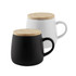 A coffee mug set in black and white with wooden lid tops and curved handles. Features a simple, modern design.