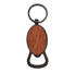 A drink bottle opener featuring a round wooden design with a black metal keyring attachment.