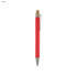 A red pen made from recycled cardboard with a bamboo accent and a metal clip. It features a branding logo.