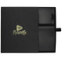 A black travel gift set featuring leather passport holder and luggage tag, presented in a sleek box with a logo.