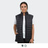 A black puffer vest with a zip front and side pockets, featuring a collar and a logo.