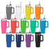 A drink bottle collection featuring various colours including grey, white, yellow, orange, pink, red, green, teal, purple, and black, with straws and lids.