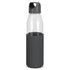 A drink bottle with a clear glass body and a dark grey silicone sleeve, featuring a wide mouth and a handle.