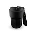 A double wall coffee cup in black, featuring a lid and a strap for easy carrying, with a logo on the side.
