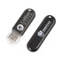 A black flash drive with a transparent cap, featuring a logo on one side and a solid surface on the other.