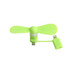 A green 2 in 1 smartphone fan with a connector for charging and use, featuring two propeller blades.