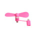 A pink 2 in 1 smartphone fan with two blades and a connector for charging devices. It features a small logo.