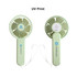 A foldable USB handy fan in light green, featuring a logo and a strap for easy carrying.