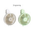 A foldable USB handy fan in white and light green, featuring a logo and a unique engraving design.