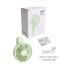 A foldable USB handy fan in light green, with a USB charging cable and packaging in the background.